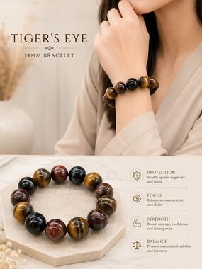 Tiger's Eye 14mm Beaded Bracelet - Brown Black Mix